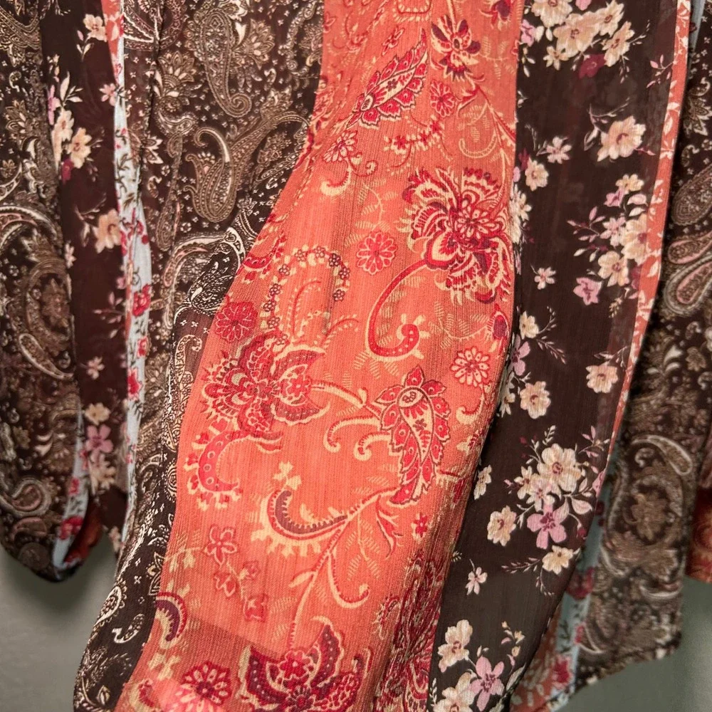 Black Tape Womens Plus 1X Boho Patchwork Paisley Floral Tassel Blouse Orange - Picture 5 of 6